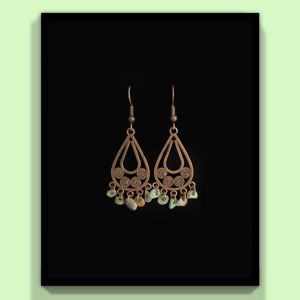 African Turquoise & Bronze Dangle Earrings